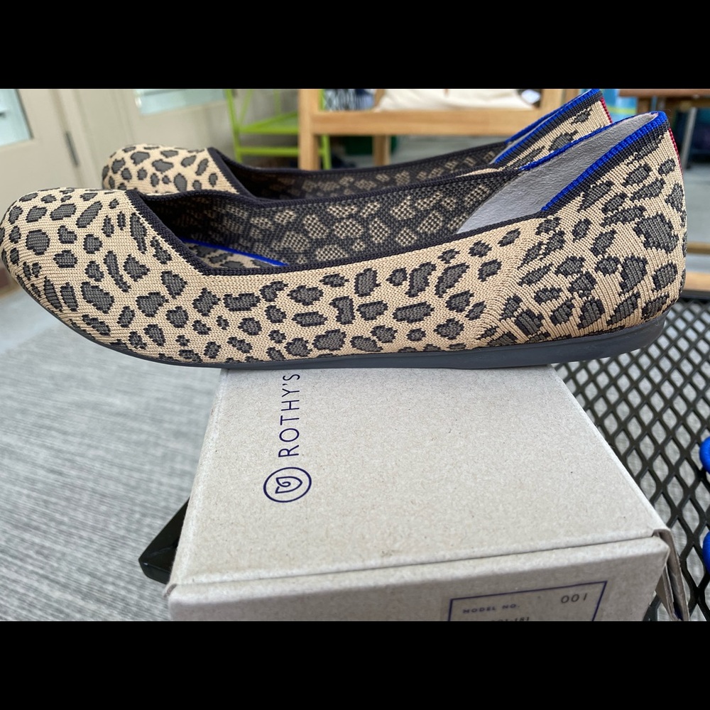 Rothy's Leopard Print Flats in Tan and Black with Blue Trim - Picture 2 of 5